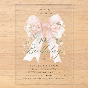 Invitations En Acrylique ACRYLIQUE TRANSPARENT 19e Anniversaire Rose Floral