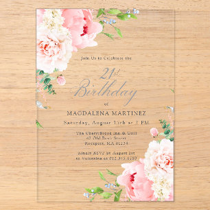 Invitations En Acrylique ACRYLIQUE TRANSPARENT 21e Anniversaire Floral Rose