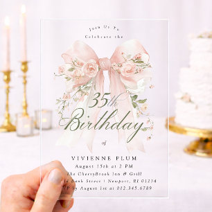 Invitations En Acrylique ACRYLIQUE TRANSPARENT 35e Anniversaire Rose Floral