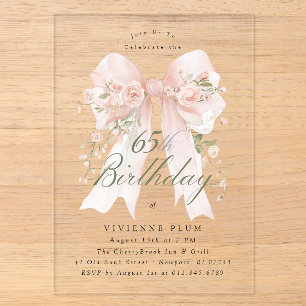 Invitations En Acrylique ACRYLIQUE TRANSPARENT 65e Anniversaire Rose Floral