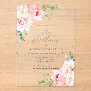 Invitations En Acrylique ACRYLIQUE TRANSPARENT Fleur de Paon Rose 70e Anniv