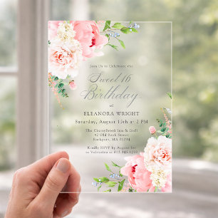 Invitations En Acrylique ACRYLIQUE TRANSPARENT Fleurs de Pivoine Roses 16 a