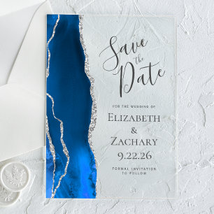 Invitations En Acrylique Agate Bleu Royal Argent Économisez la Date de Mari