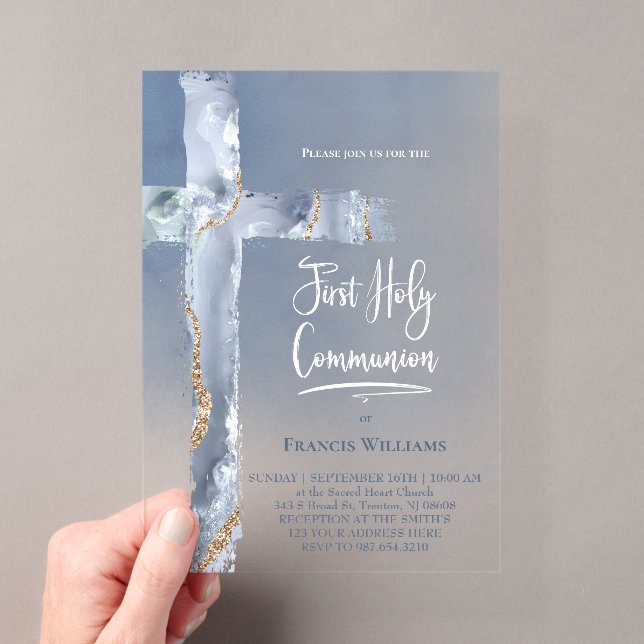 Invitations En Acrylique agate bleue | Première communion (In situ (ordinateur de poche))