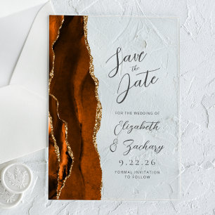 Invitations En Acrylique Agate Burnt Orange Gold Wedding Enregistrer la dat
