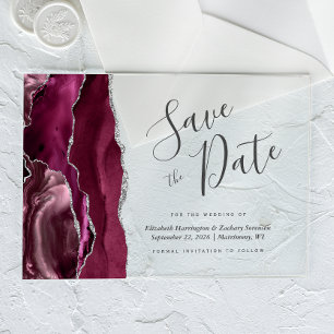 Invitations En Acrylique Agate d'argent de Bourgogne moderne Enregistrer la