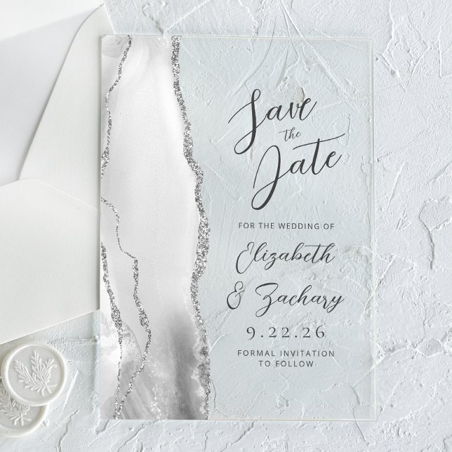 Invitations En Acrylique Agate Grey White Silver Modern Script Mariage (Créateur téléchargé)