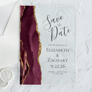 Invitations En Acrylique Agate moderne Bourgogne Or Enregistrer la carte de
