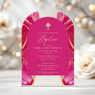 Invitations En Acrylique Agate Or Rose Baptême Féminin Moderne Élégant