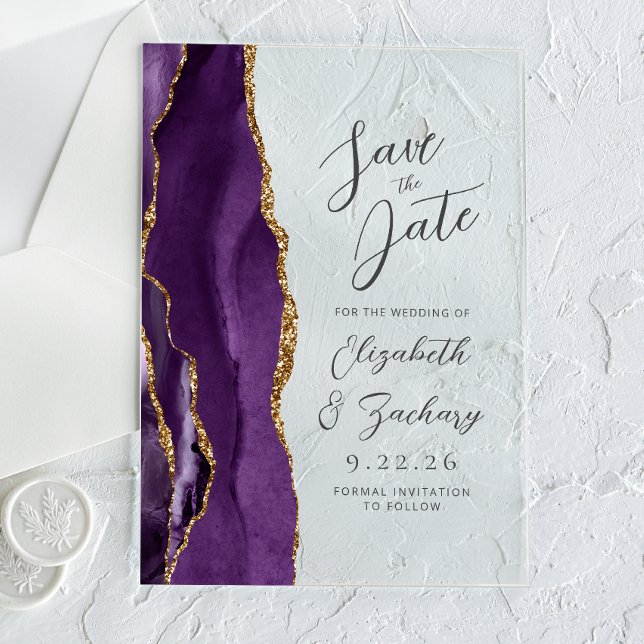 Invitations En Acrylique Agate Purple Gold Plum Modern Script Mariage (Créateur téléchargé)