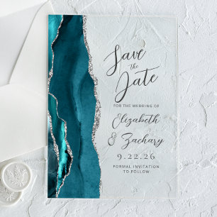 Invitations En Acrylique Agate Turquoise Argent Écriture Mariage Enregistre