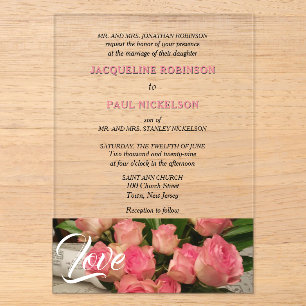 Invitations En Acrylique Aimer Rose Roses Mariée et Groom Clear