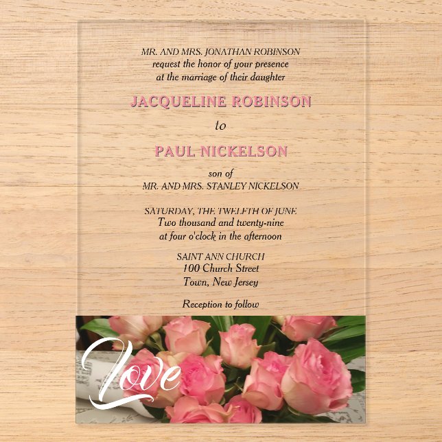 Invitations En Acrylique Aimer Rose Roses Mariée et Groom Clear (Recto)
