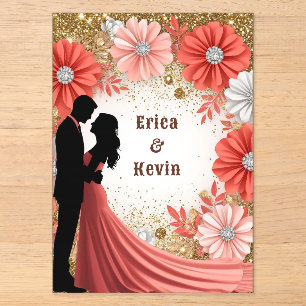 Invitations En Acrylique 💍 Alliance de mariage Fleurs de corail Or Couple