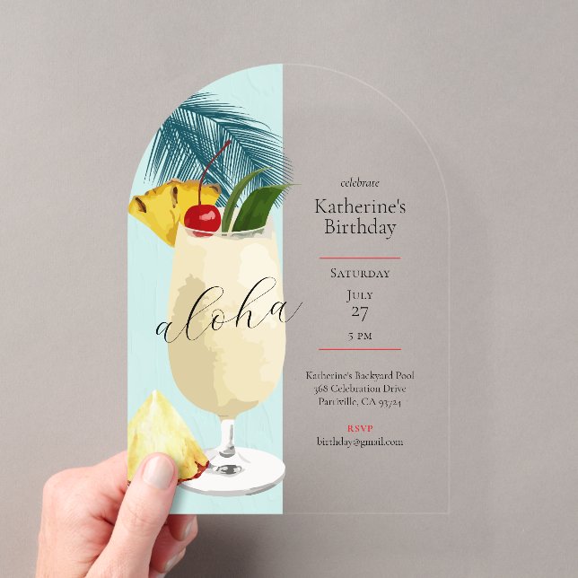 Invitations En Acrylique Aloha Green Pina Colada Cocktail Anniversaire (In situ (ordinateur de poche))
