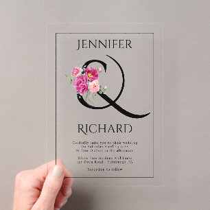 Invitations En Acrylique Ampersand et bouquet de roses roses mariage