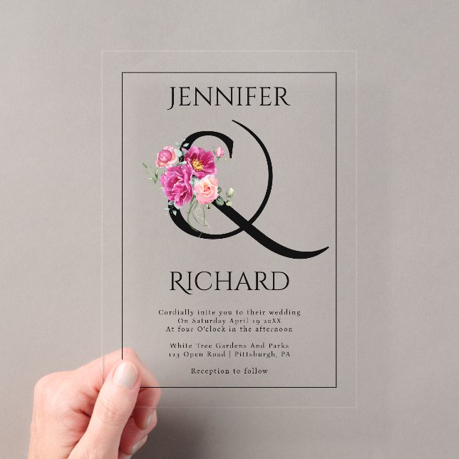 Invitations En Acrylique Ampersand et bouquet de roses roses mariage (In situ (ordinateur de poche))