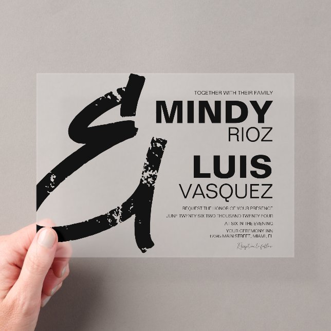 Invitations En Acrylique AMPERSAND GRAS Grunge noir blanc Mariage (In situ (ordinateur de poche))