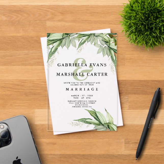 Invitations En Acrylique Ampersane fleurie verte ivoire et mariage (Insitu (Carte d'invitation))