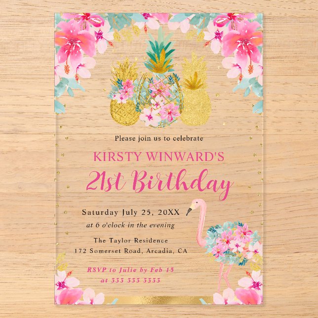 Invitations En Acrylique Ananas rose et or & Flamant rose 21e anniversaire (Recto)