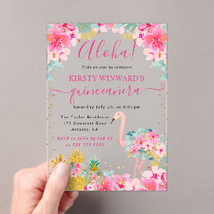 Invitations En Acrylique Ananas rose et or & Flamant rose Quinceanera