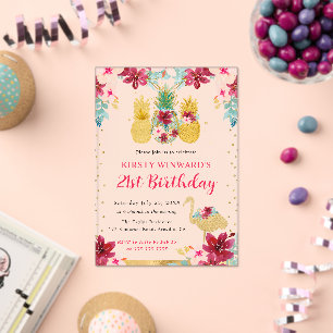 Invitations En Acrylique Ananas roses et dorés et Flamingo 21e anniversaire