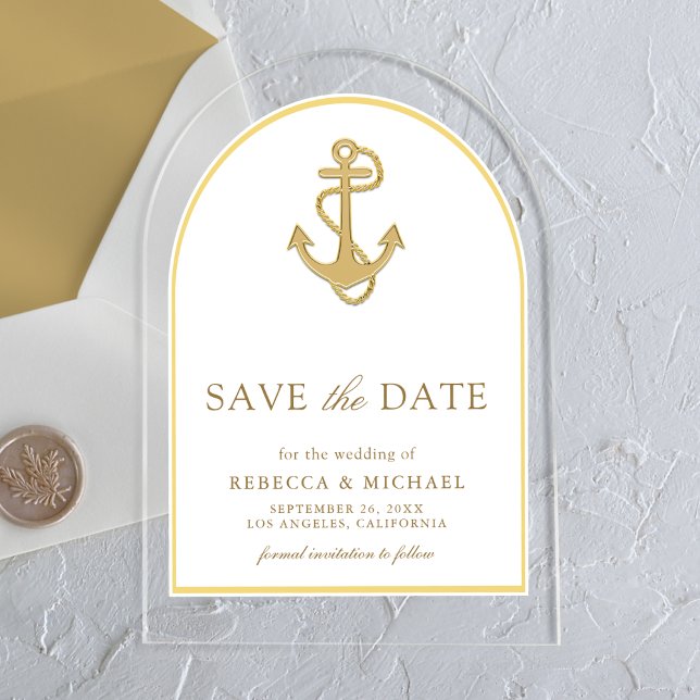 Invitations En Acrylique Ancre d'or nautique mariage Enregistrer la date (Créateur téléchargé)