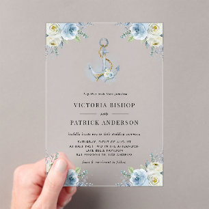 Invitations En Acrylique Ancre florale aquarelle bleue mariage côtier