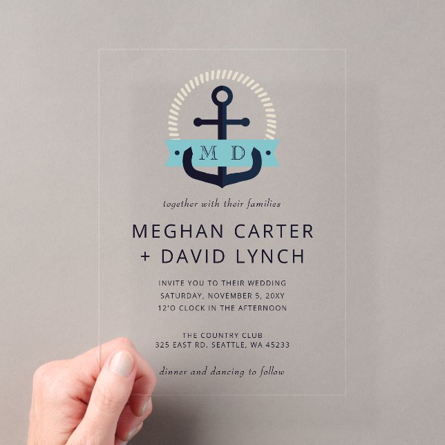 Invitations En Acrylique Ancre marine moderne Monogramme nautique Mariage I (In situ (ordinateur de poche))