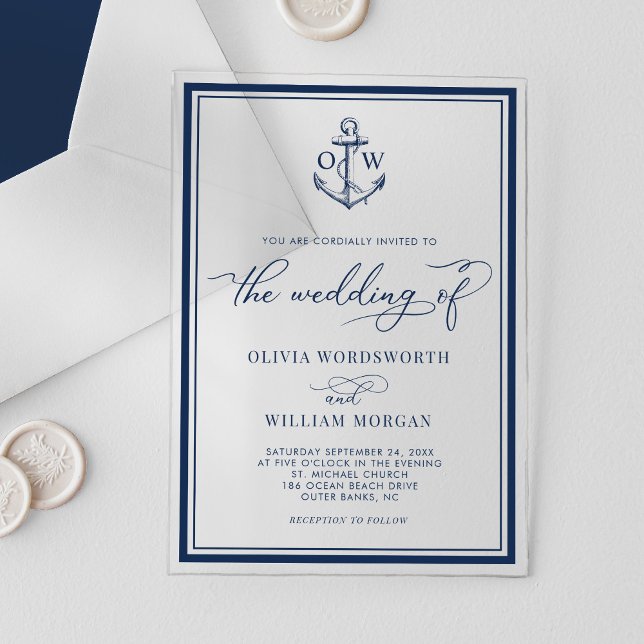 Invitations En Acrylique Ancre nautique Monogramme Cadre Marine Mariage (Créateur téléchargé)
