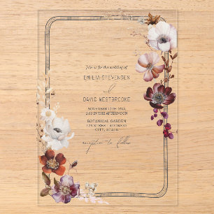 Invitations En Acrylique Anémone rustique bordure florale dessinée à la mai