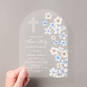 Invitations En Acrylique Anémones Bleues et Blanches pour la Première Commu