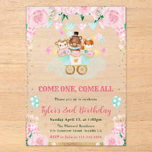 Invitations En Acrylique Animaux de cirque Anniversaire Rose Aquarelle