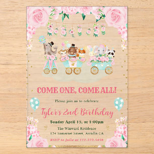 Invitations En Acrylique Animaux de cirque Anniversaire Rose Aquarelle