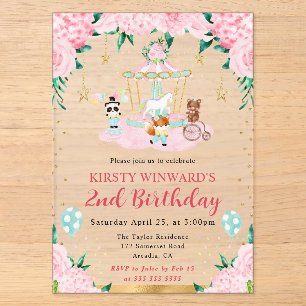 Invitations En Acrylique Animaux de cirque rose aquarelle pour l'anniversai