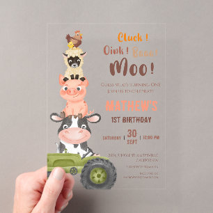 Invitations En Acrylique Animaux de la ferme Baa Moo Sainte Vache 1er 2ème