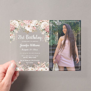 Invitations En Acrylique anniversaire 21 ans fête photo florale rose