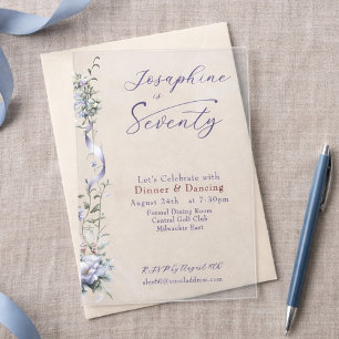 Invitations En Acrylique Anniversaire 70 ans Fleur sauvage Bleu poussiéreux