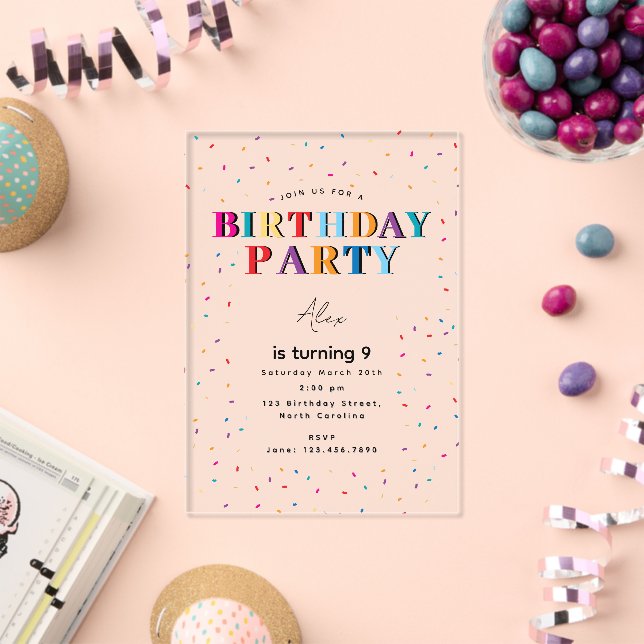 Invitations En Acrylique Anniversaire coloré Fête Confetti Anniversaire (Insitu (Célébration))