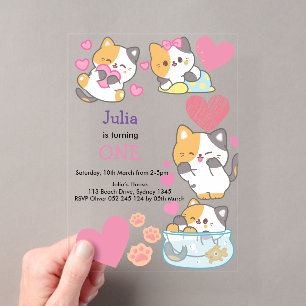 Invitations En Acrylique anniversaire d'une petite fille chaton un an