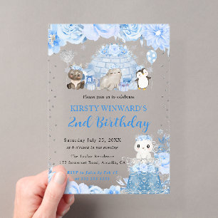 Invitations En Acrylique Anniversaire Enfants Animaux Arctiques Hiver Aquar