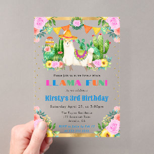 Invitations En Acrylique Anniversaire Enfants Llamas Floral Été Aquarelle