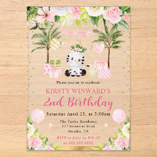 Invitations En Acrylique Anniversaire Enfants Zèbre Jungle Rose Mignon Aqua