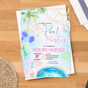 Invitations En Acrylique Anniversaire Fête de Piscine Moderne Néon Glow Aqu