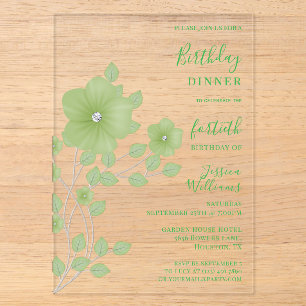 Invitations En Acrylique Anniversaire floral vert diamant sophistiqué