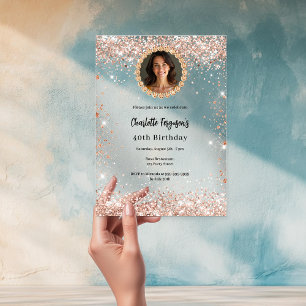 Invitations En Acrylique Anniversaire rose or diamant photo clair