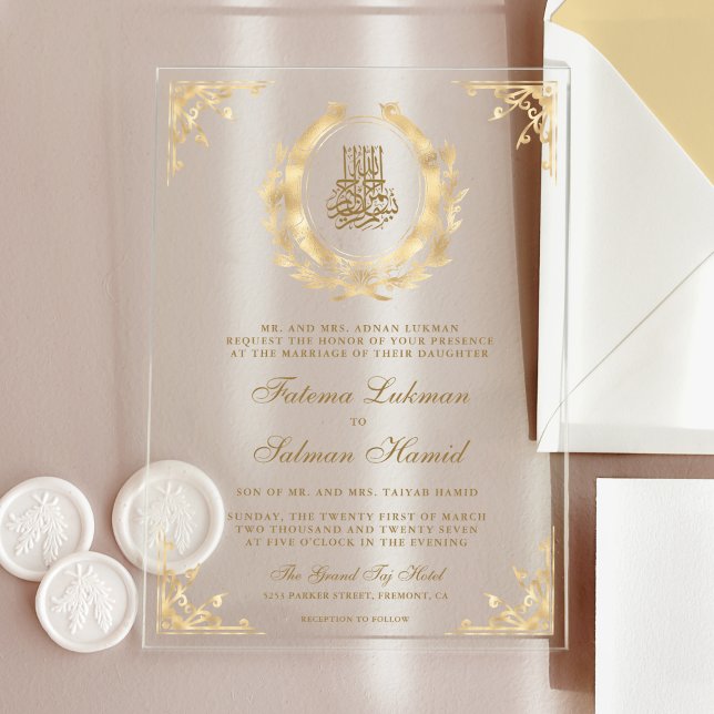 Invitations En Acrylique Antique Gold Crest Mariage musulman (Créateur téléchargé)