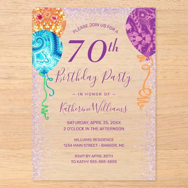 Invitations En Acrylique Aqua Purple Balloons moderne 70e anniversaire fête (Recto)