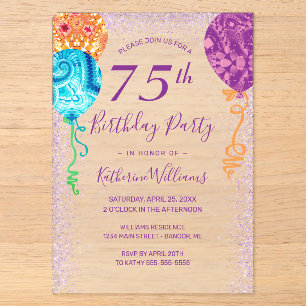 Invitations En Acrylique Aqua Purple Balloons moderne 75e anniversaire fête