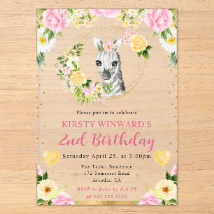 Invitations En Acrylique Aquarelle Anniversaire Enfant Zèbre de la Jungle M
